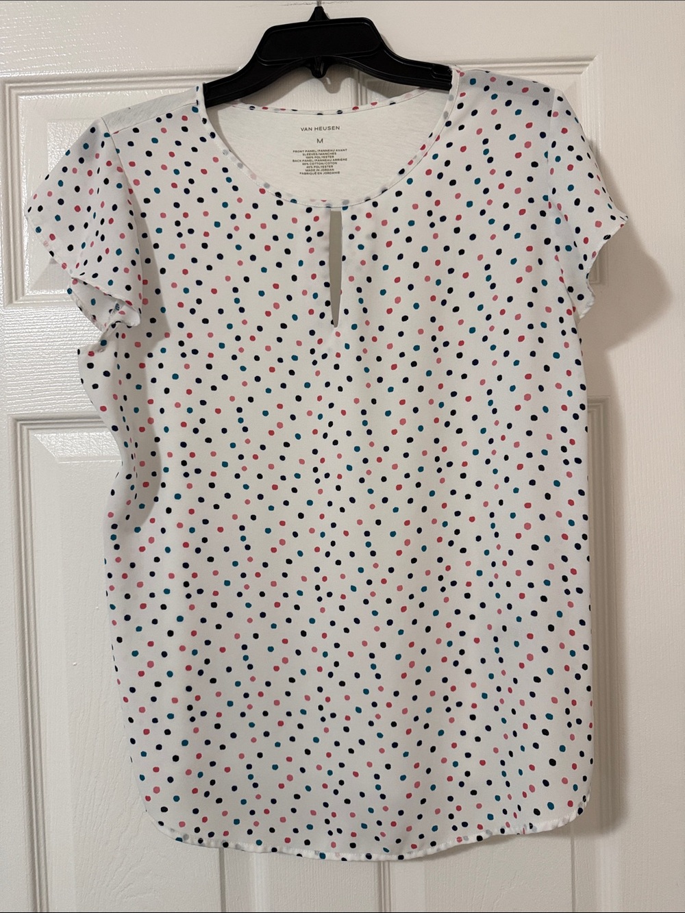 Van Heusen White Polka Dot Keyhole Short Sleeve Blouse